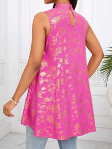 SHEIN Lady Women's Floral Jacquard Keyhole Neckline Asymmetrical Hem Blouse, Summer Elegant Party Pink Gold Sleeveless Top, Office Work Teacher Top - Hot Pink - View 2