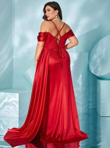 纯色细肩带露背镂空侧开衩褶饰长款优雅晚礼服 - 紅色 - 查看 3
