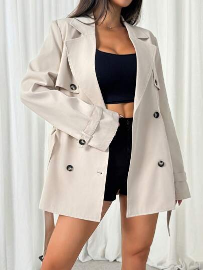 SHEIN EZwear מעיל טרנץ' באורך בינוני עם חזה כפול ומכנסיים צמודים, סתיו/חורף