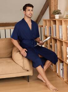 Men Solid Belted Casual Sleep Robe For Summer - Multicolor - View 3