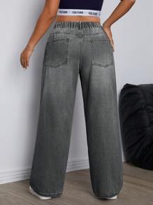 SHEIN ICON Plus Size Women's Drawstring Waist Wide Leg Loose Fit Casual Boyfriend Jeans With Pockets - Light Grey - View 4