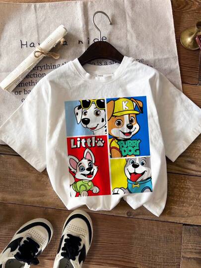 SHEIN 小男孩休闲卡通动物图案短袖圆领 T 恤，适合夏季，棉混纺 Y2k 儿童上衣卡通衬衫