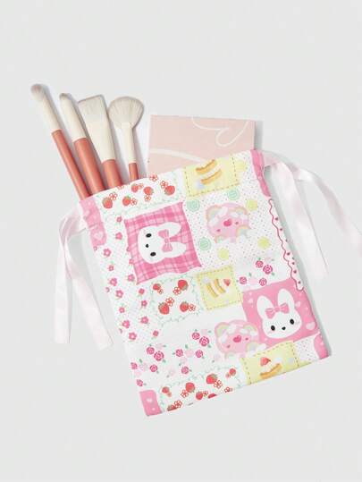 Kawaii Linda bolsa de almacenamiento con cordón y estampado de dibujos animados, práctica bolsa de maquillaje portátil