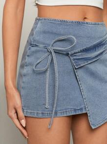 Denimoi Fall Women  Low Rise Denim Skirts With Flap And Tie Side Bow Wrap For Dailywear - Medium Wash - View 2