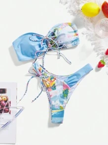 SHEIN Swim 女式夏季沙灘花印空心綁帶比基尼套裝 - 彩色 - 查看 1