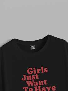 SHEIN EZwear 女士超大短袖T恤，休闲简约，带有英文图案印花和圆领，女孩只想玩得开心 - 黑色 - 查看 4