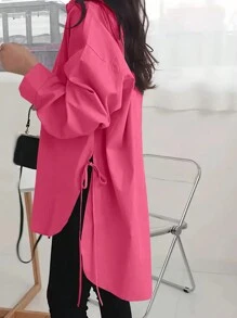 INAWLY 加大纯色落肩开衩下摆女式衬衫