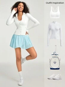 GLOWMODE FeatherFit™-Air褶皺中腰裙配內置防滑側口袋短褲，低強度日常夏季運動 - 水藍色 - 查看 6