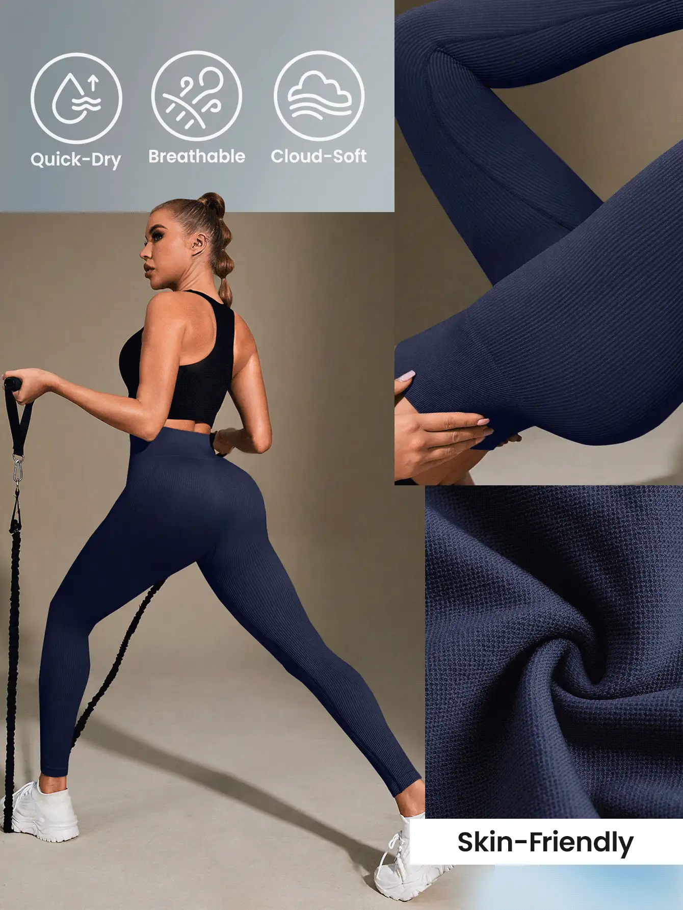 Easithlete Women's High Waisted Sports Leggings Yoga Pants - Navy Blue - View 2