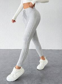 SHEIN PETITE Tie Waist Ribbed Knit Bodycon Leggings - Grey - View 6
