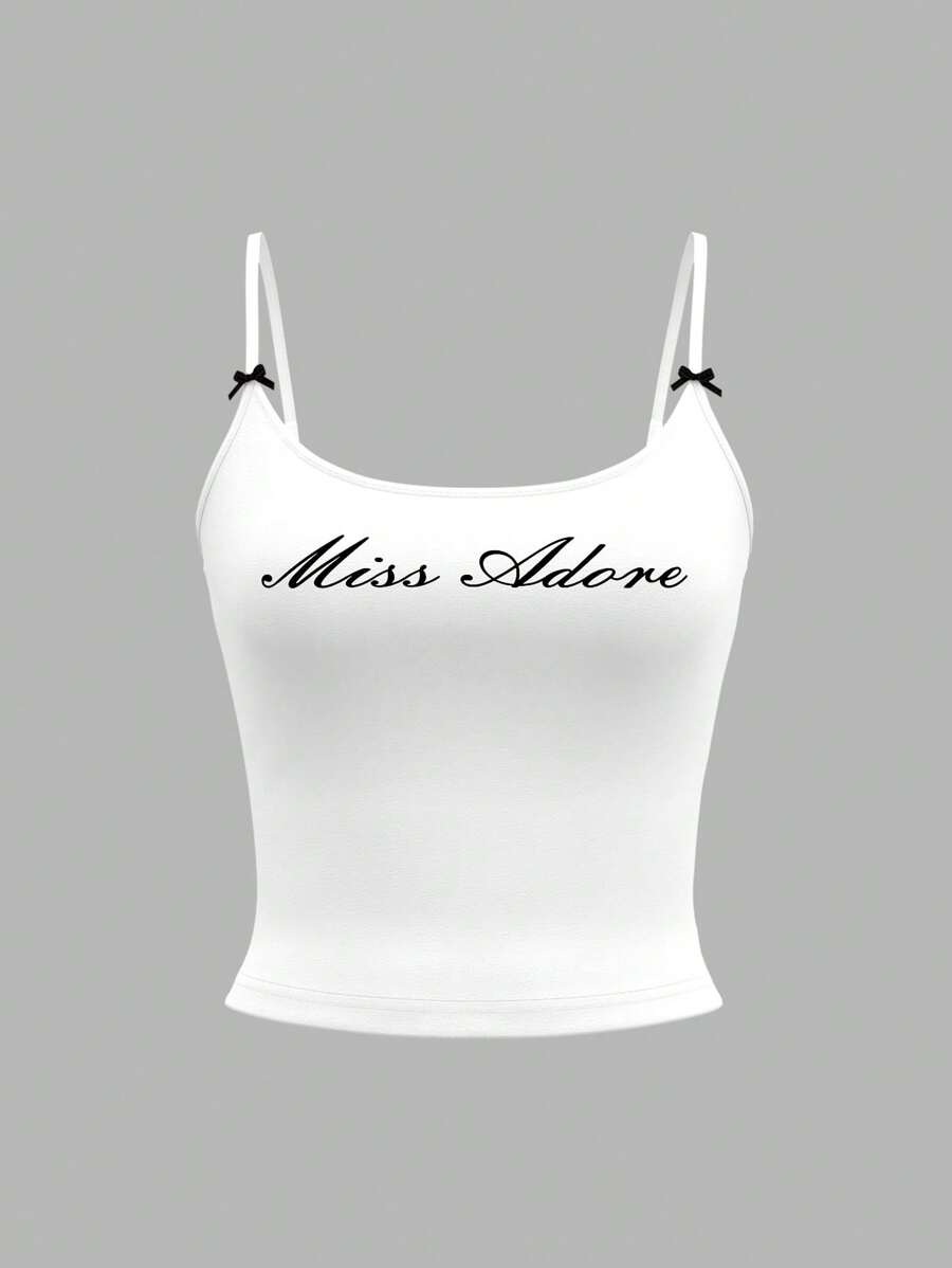 SHEIN MOD Women's Fashionable Letter Printed Slim Fit Bowknot Summer Cami Top