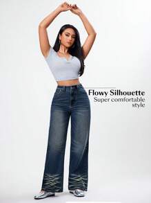 Women High Waist Casual Wide Leg Jeans - Dark Wash - View 4
