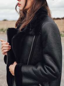 女式长袖前拉链口袋蓬松衬里夹克，日常休闲，女士冬季休闲系带领宽松黑色拼色，纯色女式夹克，冬季保暖/冬季时尚