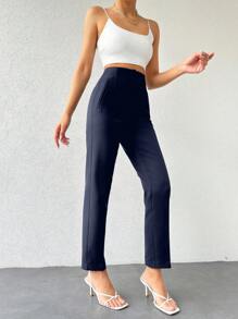 EURMUSE Frenchy Solid Colored Pleated Tapered Pants ,Petite Women - Navy Blue - View 4
