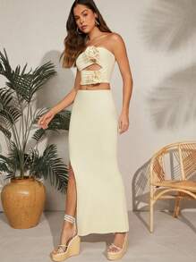 SHEIN Unity Set da donna composto da canotta traforata a fiori 3D e gonna lunga con spacco alto
