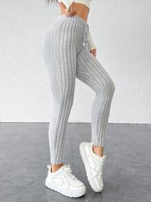 SHEIN PETITE Tie Waist Ribbed Knit Bodycon Leggings - Grey - View 4
