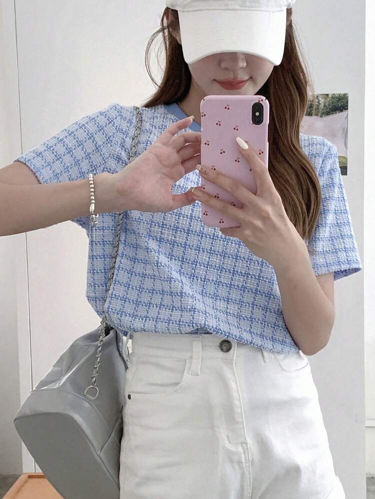 Plaid Print Round Neck Tee For Summer