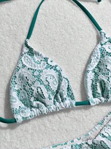 SHEIN Swim Ensemble de bikini sexy d'été pour femmes, avec imprimé paisley et dentelle, encolure ras-du-cou et cravate au cou, pour la plage