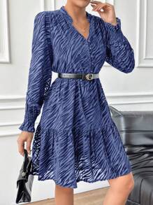 EURMUSE Zebra Striped Notched Neck Ruffle Hem Dress - Blue - View 1