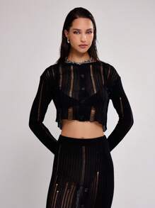 MUSERA Laddered Knit Long Sleeve Top - Black - View 1