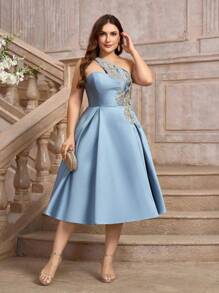 SHEIN Belle Elegant And Graceful Plus Size Women's Dress, Misty Blue Satin Dress With Asymmetric Gold Thread Appliques, High Waist With Pleats Detail, Umbrella Dress Skirt Perfect For Afternoon Tea, Cocktail Party, Dance Or Any Formal Events Prom Semi Formal Wedding Guest Dress, For Birthday, Graduation, Homecoming - Blue - View 7