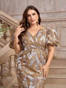 SHEIN Belle Plus Size Light Yellow Satin Jacquard V-Neck Bubble Embroidery Elegant Straight Formal Party Silver Spring Gown Cocktail Prom Wedding Guest Dress - Multicolor - View 6