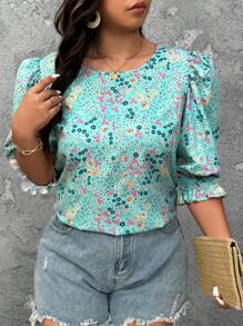 SHEIN LUNE Blusa de talla grande con cuello redondo, mangas con volantes y estampado floral - Multicolor - Ver 3