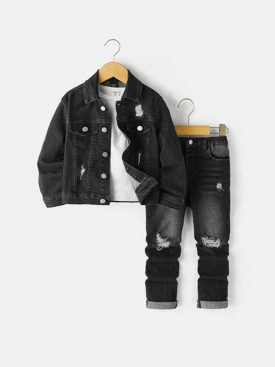 SHEIN Young Boy 2pcs/Set Loose Denim Jacket And Jeans Outfits
