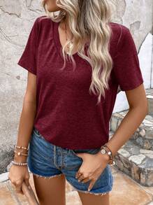 EMERY ROSE Solid V Neck Casual Short Sleeve Tee For Summer - Burgundy - View 3