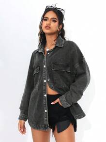 SHEIN EZwear Manteau en jean à épaules basses et poches à rabat unicolore - Gris - Voir 4