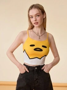 Gudetama X SHEIN Họa tiết quả trứng màu vàng Dễ thương Thường ngày Mùa hè Áo yếm bó sát - Màu vàng - Xem 5