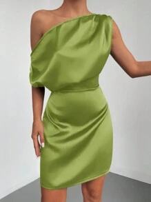 RueChic Solid Asymmetrical Neck Dress - Green - View 5