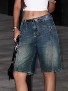 Y2K Street Vintage Rửa Sạch Túi Bất Đối Xứng Đường May Chi Tiết Râu Ống Rộng Bermuda Quần Jean Denim Jorts Quần Short - Màu xanh lam - Xem 6