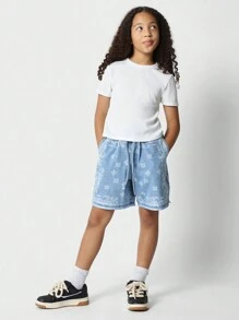 SUMWON Camiseta de manga corta acanalada ajustada para niñas preadolescentes - Blanco - Ver 4