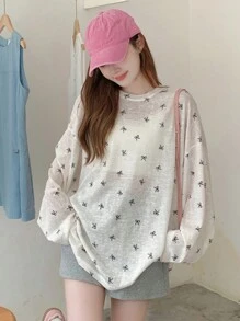 DAZY Bow Print Drop Shoulder Tee For Spring And Summer Sheer Long Sleeve Women Tops