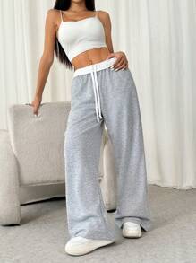 SHEIN EZwear Women Light Gray Casual Baggy Wide Leg Sweatpants Graduation,Back To School Outfits,Graduation,Teacher Outfits For Women,Back To School - Light Grey - View 4