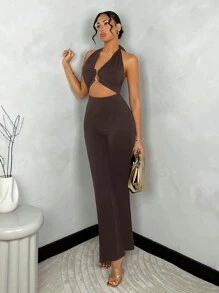 SHEIN BAE Bộ áo liền quần bó sát dây trang trí bằng kim loại có chi tiết cutout dành cho nữ - Cà phê nâu - Xem 4