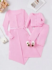 SHEIN Set abbinato di maglietta e pantaloni in maglia elastica scintillante colore rosa ghiaccio casual, adatto per uscire, per bimba e mamma (set da 2 pezzi venduti separatamente)