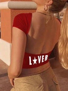 INAWLY Women's Summer Short Sleeve T-Shirt With Letter & Pentagram Print, Open Back Design - Red - View 4