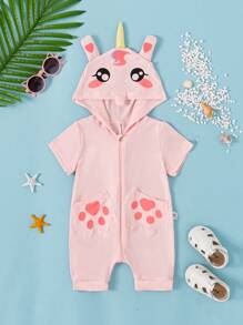 SHEIN 幼兒女童可愛時尚獨角獸連帽爬身衣，夏季款式