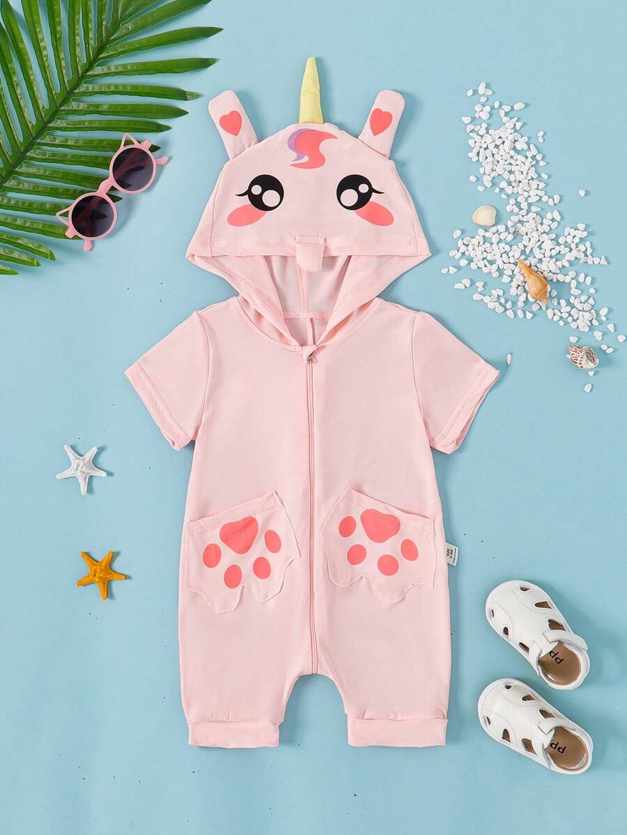 SHEIN 幼兒女童可愛時尚獨角獸連帽爬身衣，夏季款式