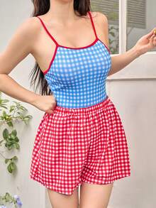 女士假日格纹饰边肩带休闲连体泳衣，带随机印花图案，夏季