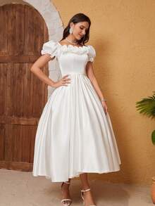 Off Shoulder Ruffle Trim Wedding Dress - White - View 5