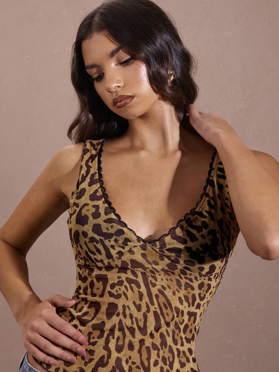 SHEIN BAE Lưới in da báo & áo ba lỗ không tay in họa tiết da báo dành cho nữ, hoàn hảo cho các buổi hòa nhạc và kỳ nghỉ, mùa hè/thu - Màu Khaki - Xem 1