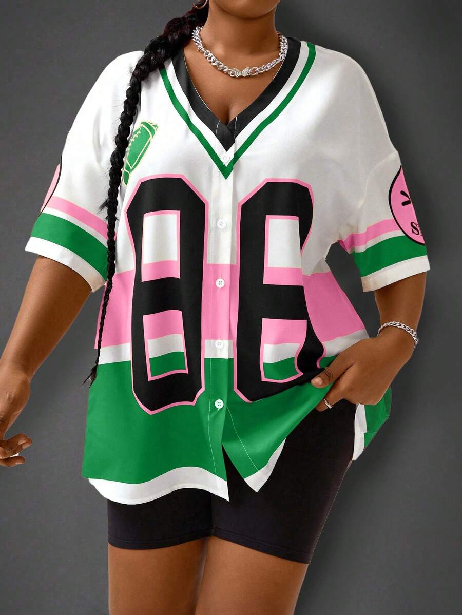 Flirla Plus Size V-Neck Button Up Loose Fit Casual Shirt With Letter Printed Striped Pattern, Short Sleeve Fashion Top, For Summer