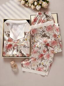 LuxeNights Color Block Floral Printed Imitated Silk Three-Piece Pajama Set With Cardigan - Multicolor - View 1