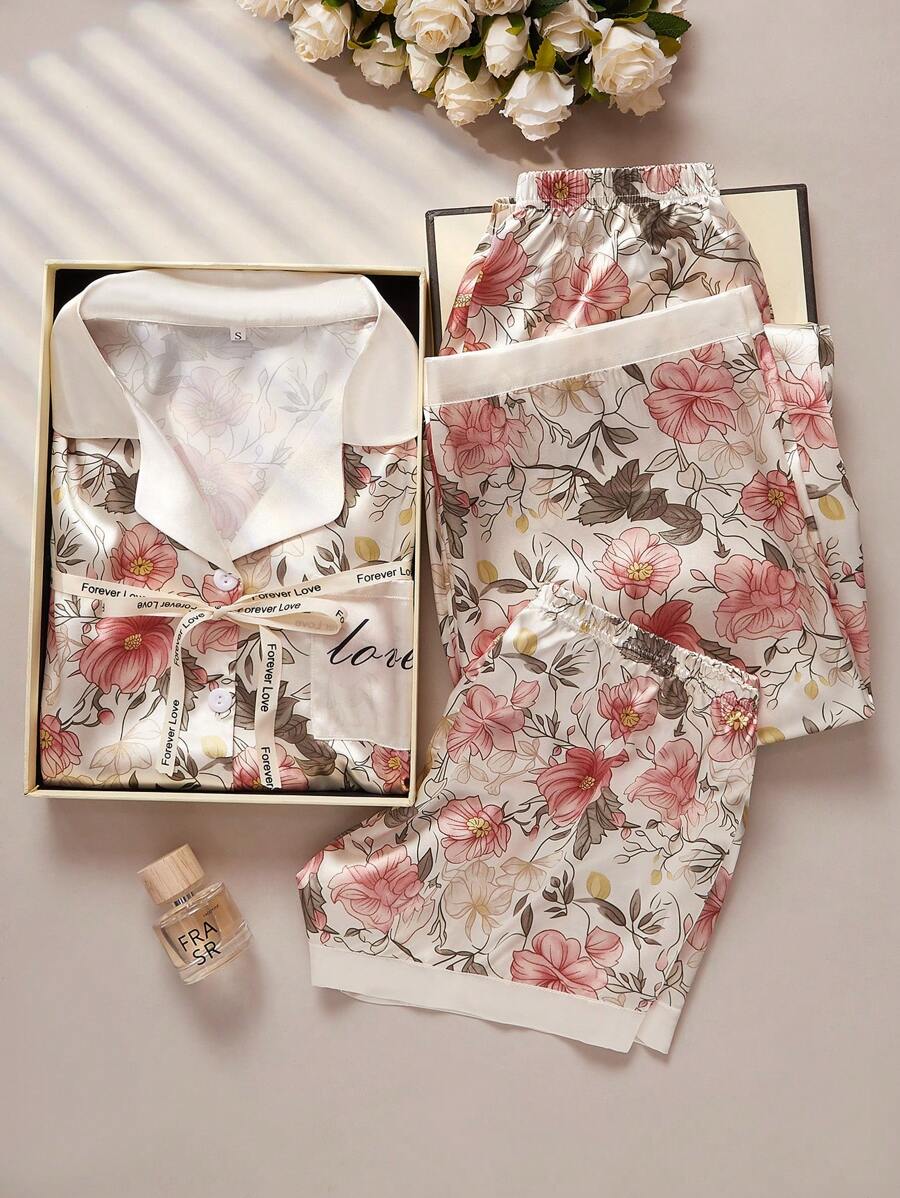 LuxeNights Color Block Floral Printed Imitated Silk Three-Piece Pajama Set With Cardigan - Multicolor - View 1