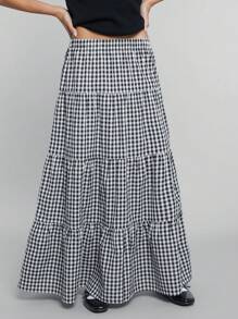 Easelle Plaid Print High Waist Ruffle Hem Skirt