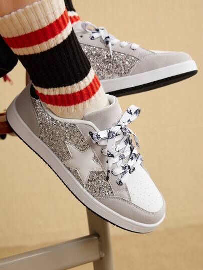 CUCCOO EASI Zapatos casuales de plata para mujeres con diseño de estrella para vacaciones de verano, zapatos deportivos de verano, zapatos casuales, zapatos para mujeres, zapatillas, zapatos de primavera y zapatillas de entrenamiento de Pascua