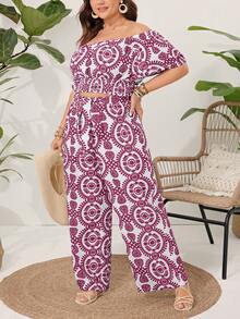 SHEIN VCAY Plus Size Women's Floral Pattern Off Shoulder Top And Pants Set Summer Two Pieces Outfits - Red Violet - View 3